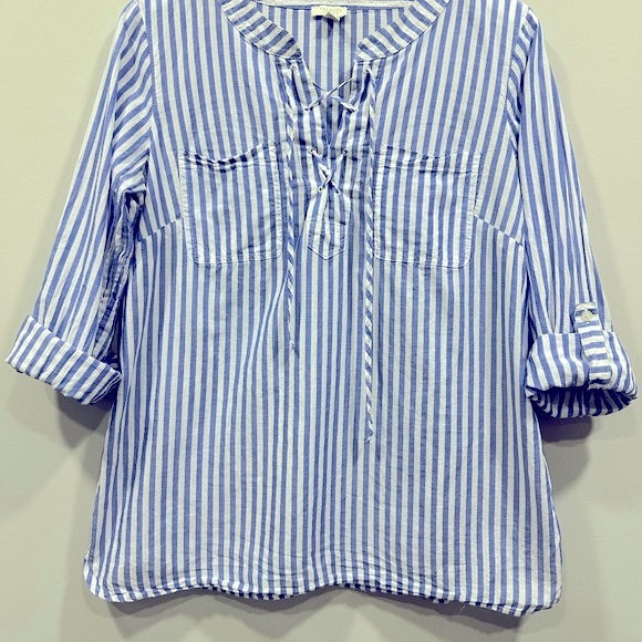 Talbots Striped Front Tie Roll Tab Sleeves Top Blouse Pullover Medium Petite - Picture 3 of 9